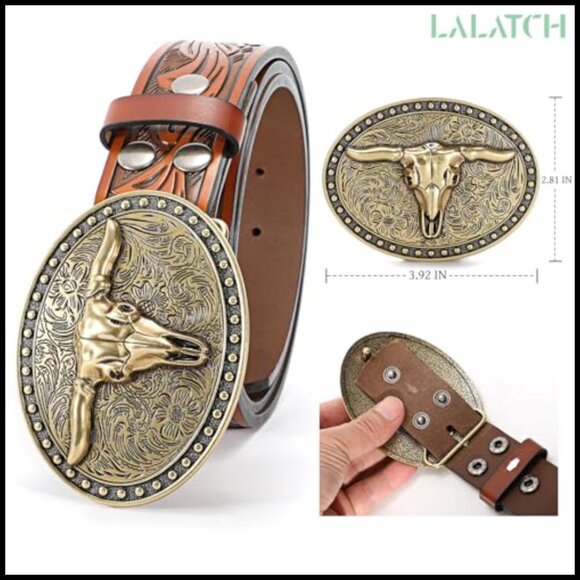 Western Leather Belt with Large Gold Bull Buckle for Jeans